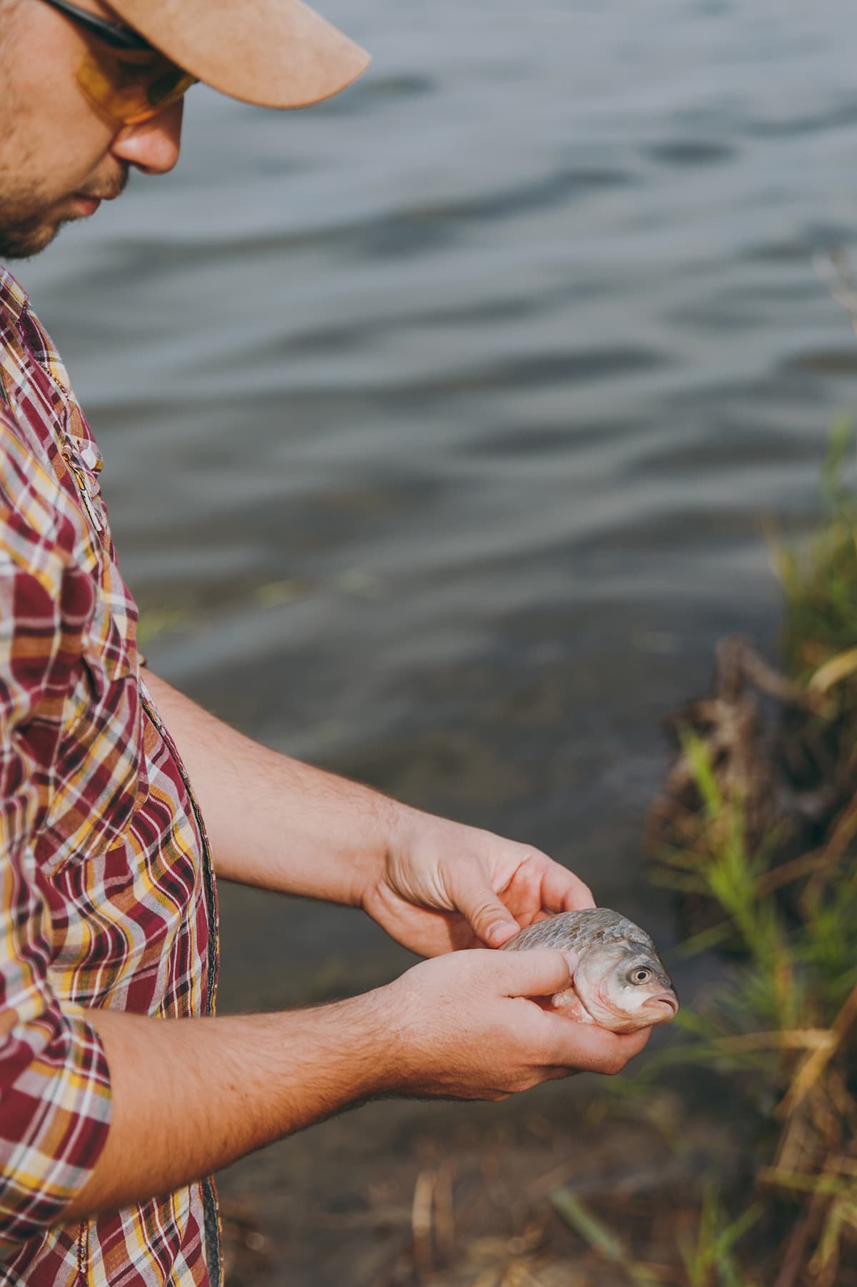 A fisherman holding a trout by the lakeside